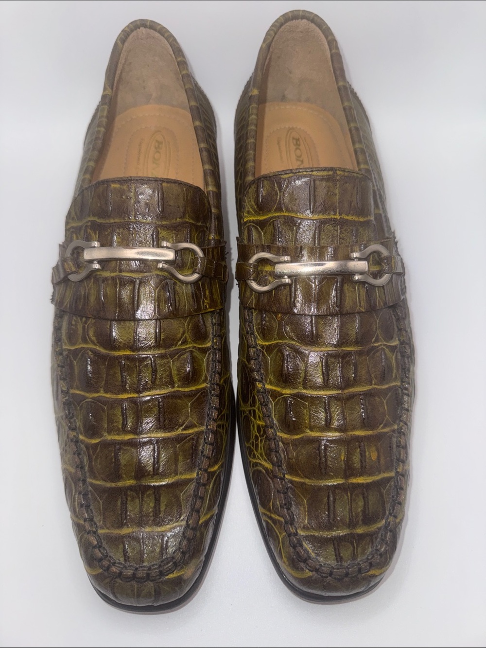 Bond Veari Luxury Croc Embossed Leather Loafers Men’s 8.5 Green - Picture 9 of 11